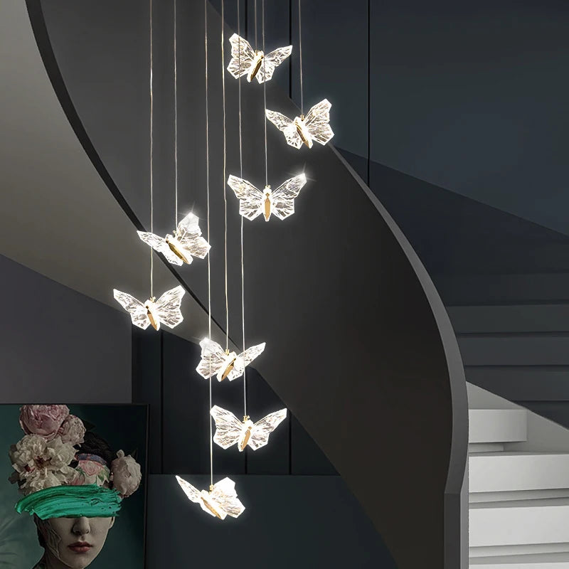suspension décorative moderne papillons transparents dorés hall chambre éclairage contemporain fixations