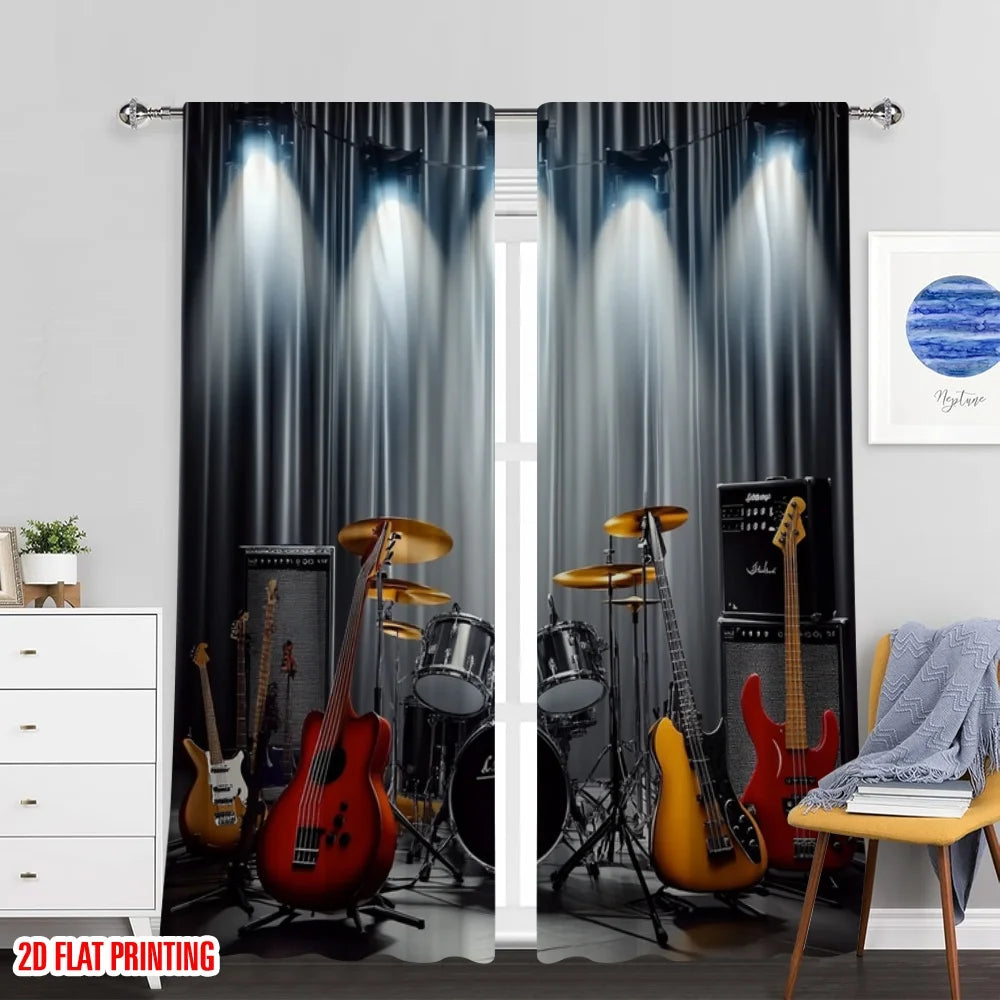 rideau moderne rock instruments musique noir gris blanc rouge jaune imprimé polyester machine