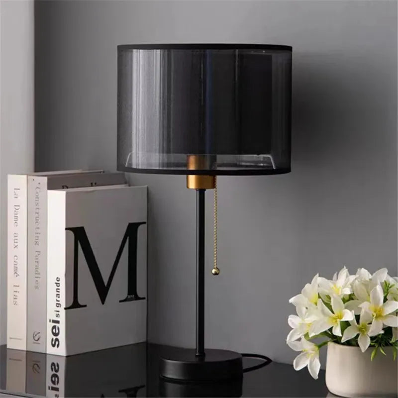 lampe table moderne noir doré tissu abat jour interrupteur led salon chambre