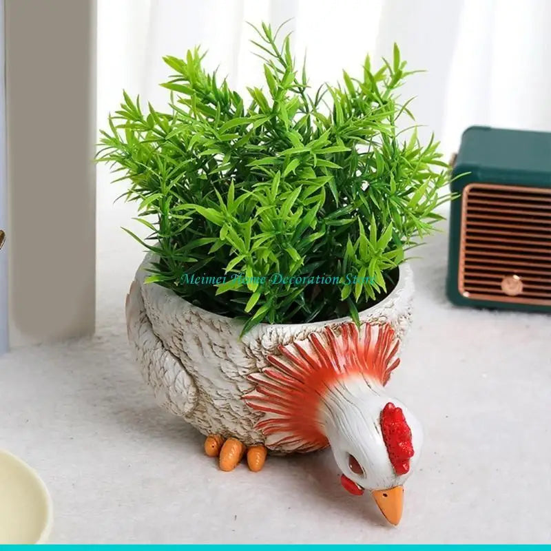 pots fleurs forme poulet canard résine imitation plumes texture rustique blanc orange rouge