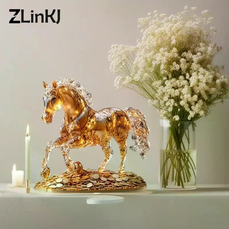 statue cheval doré détails cristal artisanal moderne base plate ornement chambre cadeau