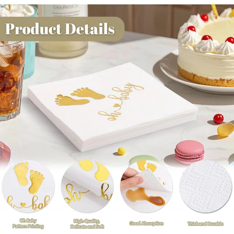 serviettes papier cocktail or empreintes pieds oh baby festif pliées table événement festive