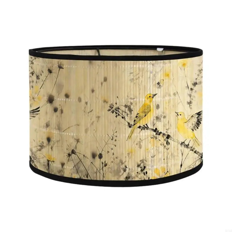 abat jour artisanal oiseaux fleurs branches beige noir jaune rose vert boucle métallique