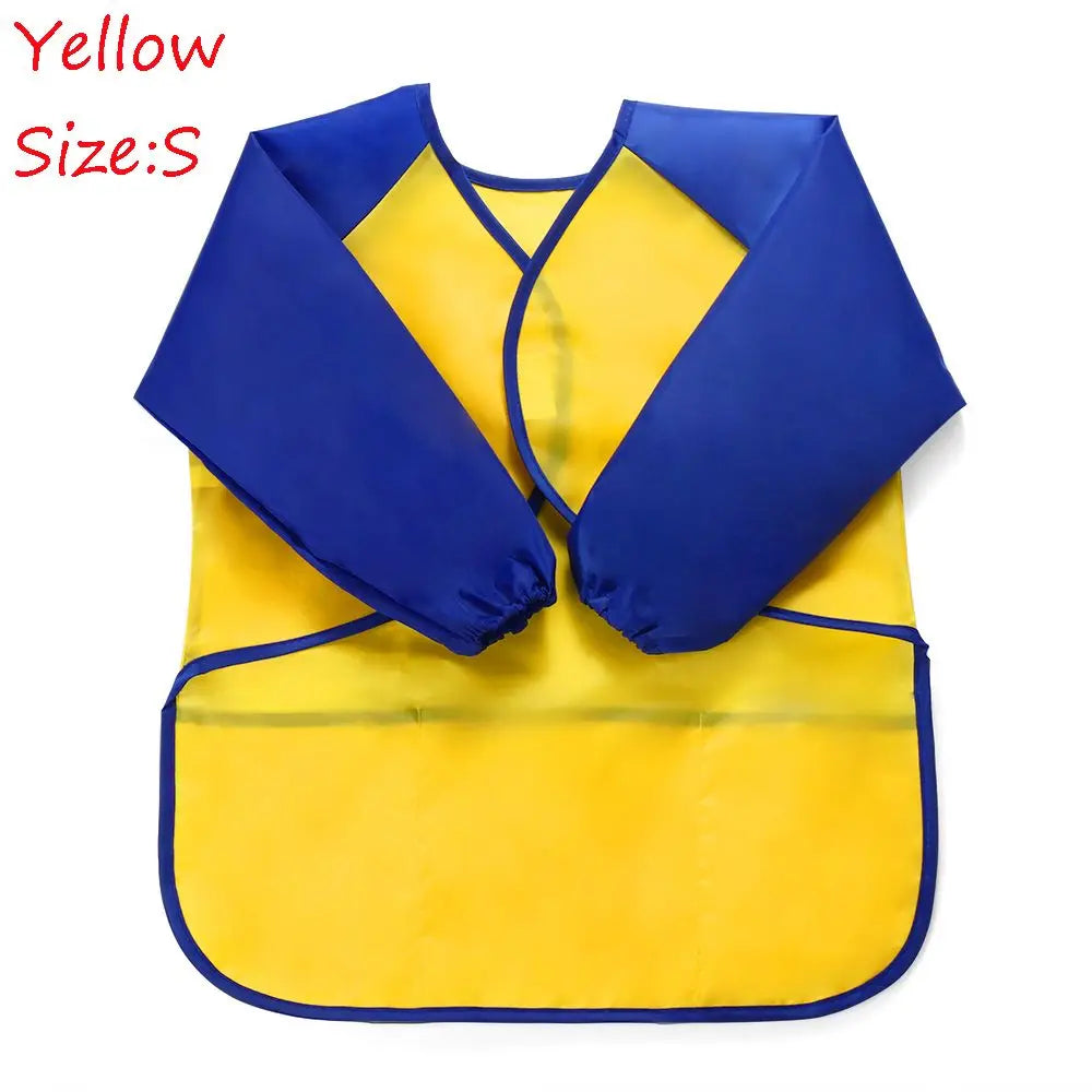 tablier peinture imperméable enfant pinceaux jaune bleu rose poche élastique pratique