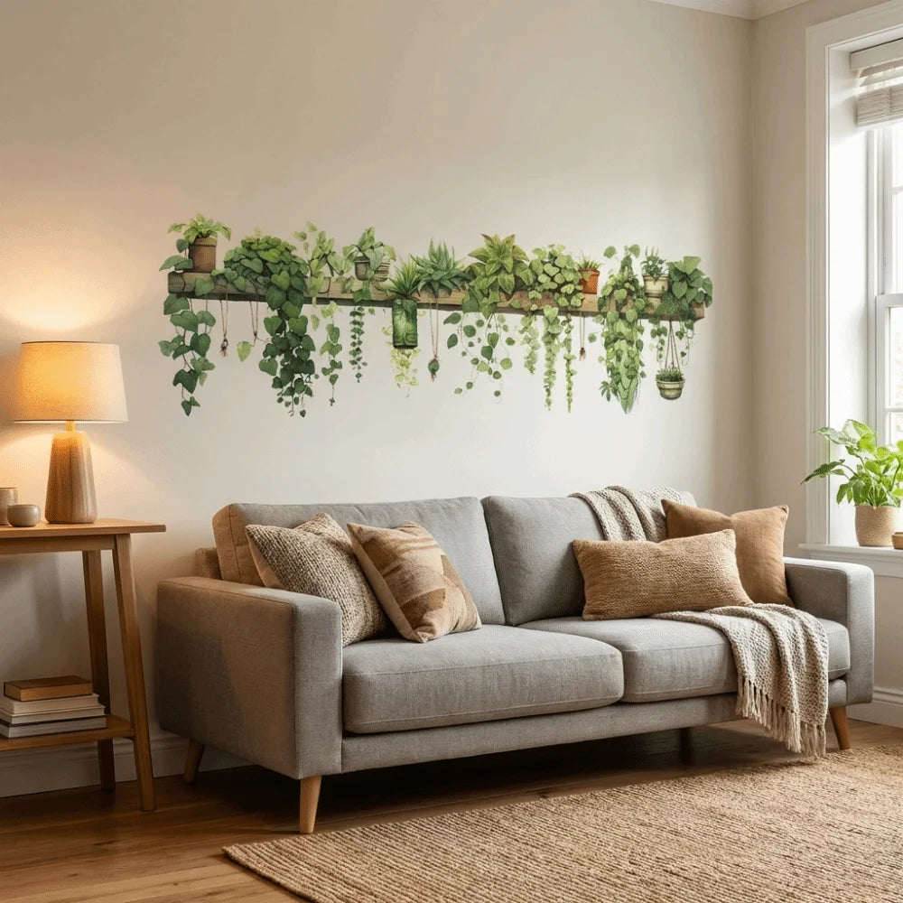 sticker mural pvc plante verte feuilles naturel adhésif chambre décoration murale botanique différentes tailles