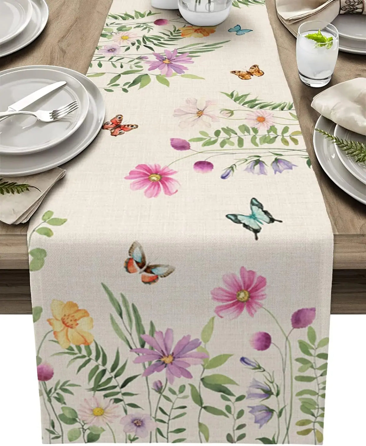 nappe lin imprimée fleurs papillons décoration intérieure été maison serviettes assiettes verres