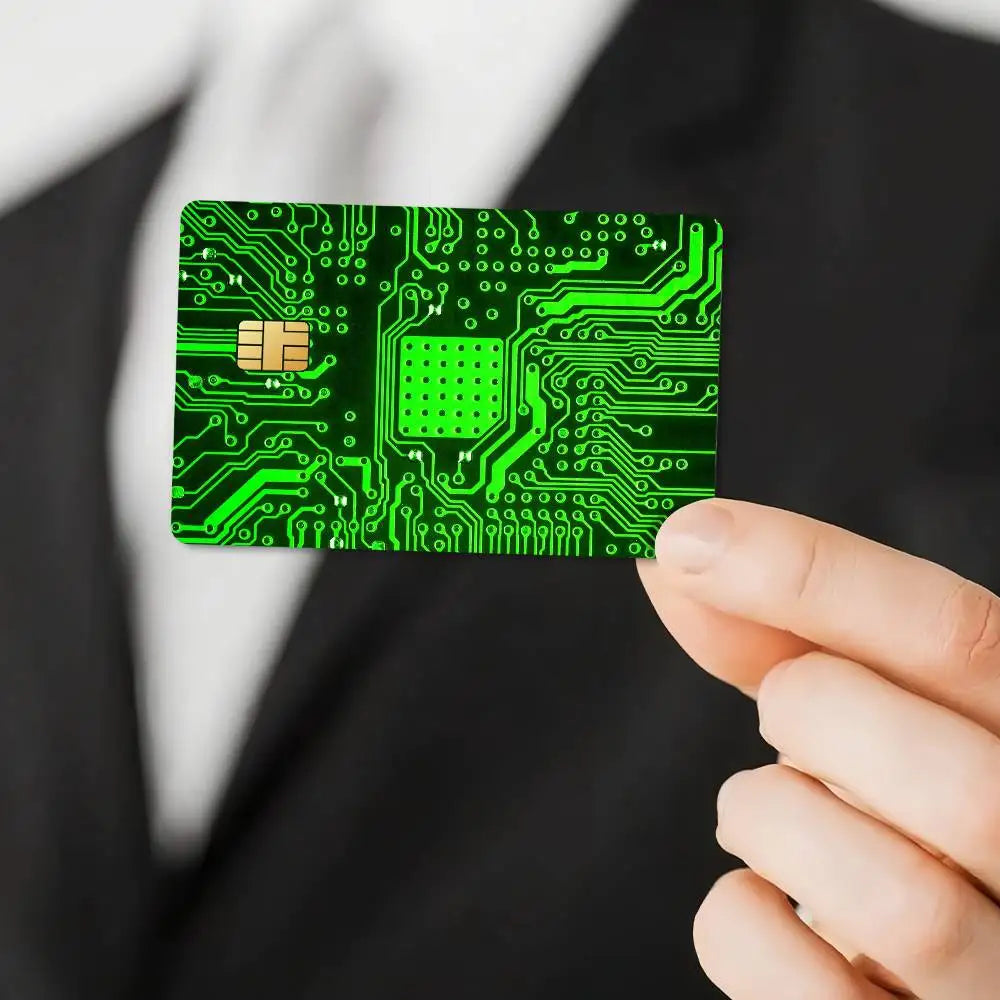 carte bancaire personnalisée adhésive circuit imprimé vert fond noir étanche résistante rayures empreintes digitales