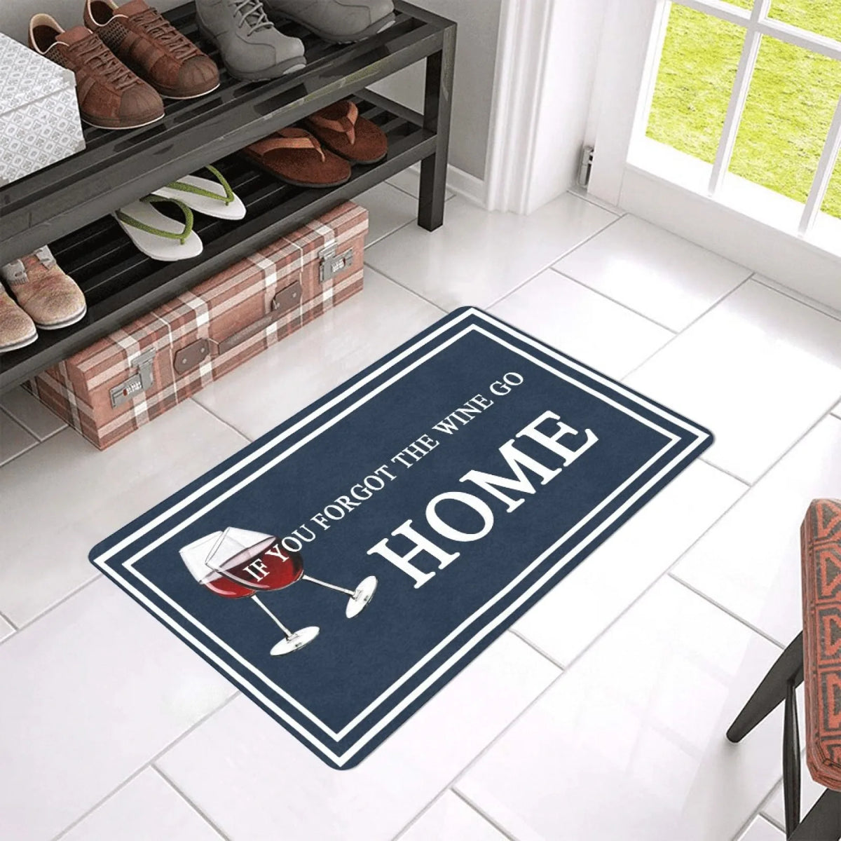 tapis bleu marine blanc humour vin texte moderne extérieur entrée 24x16 Inch