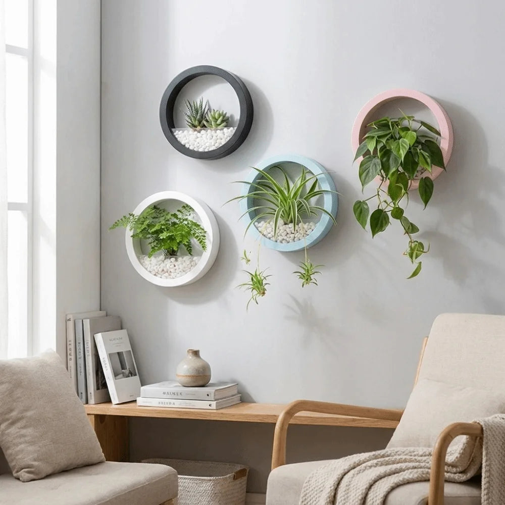 cache plantes circulaire moderne noir blanc bleu rose minimaliste fixation murale gravier blancintérieur