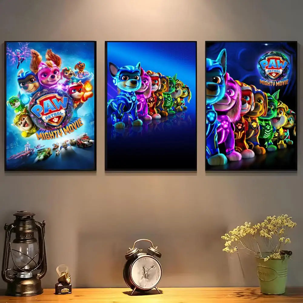 affiche paw patrol moderne personnages animés logo the mighty movie bleu violet rose jaune
