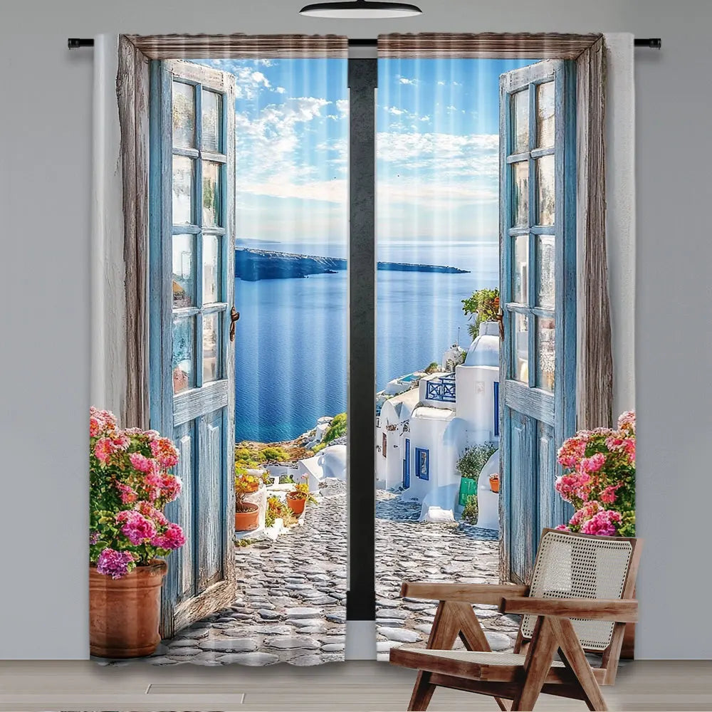 rideaux décoratifs grecs bleu ciel mer maison blanche nuages semi translucides pastorales 100 polyester