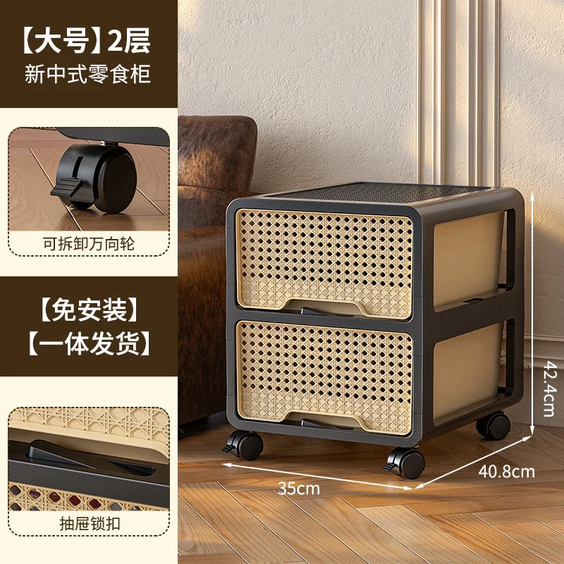 rangement tiroirs rattan imitation noir beige moderne salon roulettes organisateur
