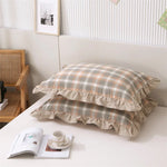 lot taies d'oreiller coton gris beige carreaux vintage chambre lit maison
