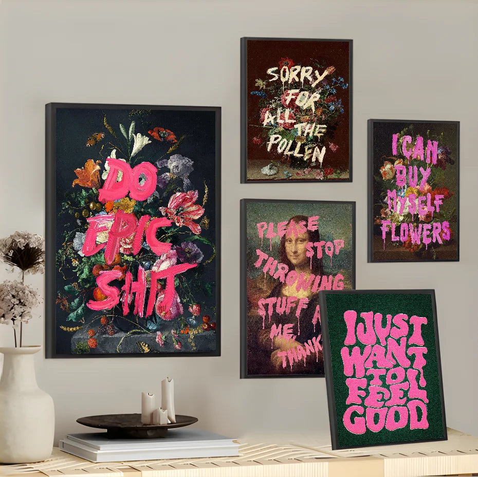 affiche moderne floral texte stylisé noir rose multicolore 15x20cm 21x30cm 30x40cm 40x50cm
