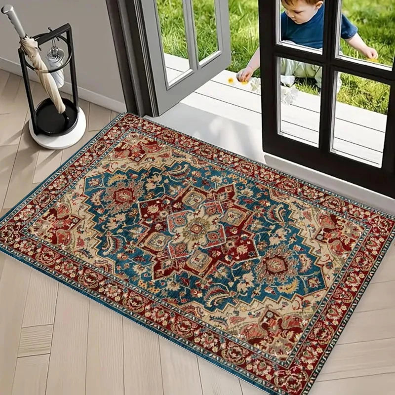 tapis ornements traditionnels motifs géométriques vert beige rouge bleu classique