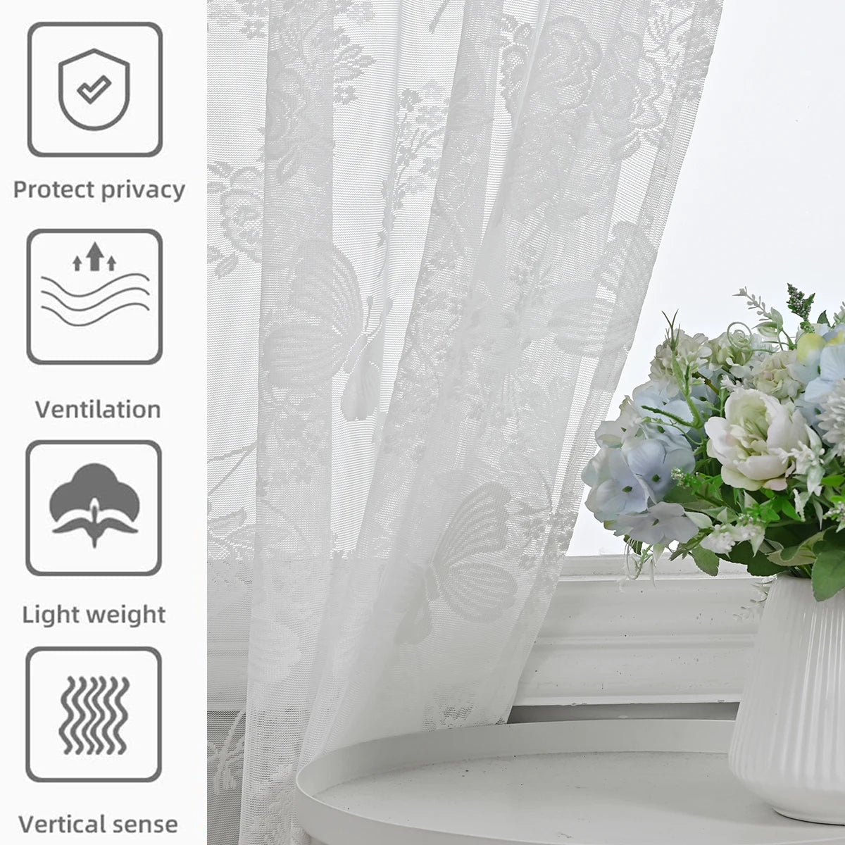 rideau moderne polyester transparent papillons fleurs blancs salon chambre coucher