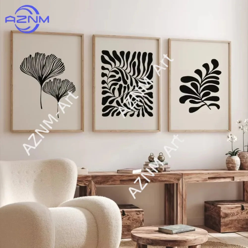 affiches art minimalistes feuilles stylisées abstraction blanche noire décoration salon moderne