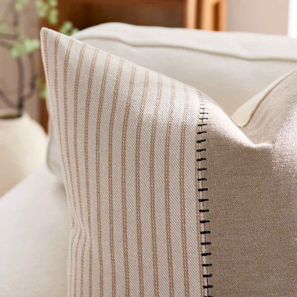 housse coussin décorative rustique rayures horizontales beige bleu marine rose clair polyester