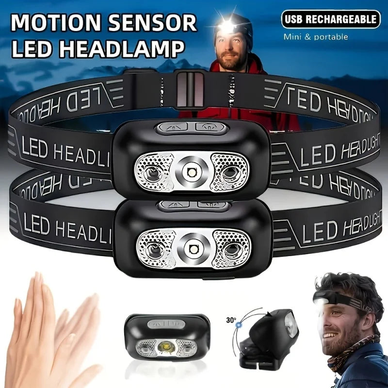 lampe frontale led rechargeable noir bande ajustable chargeur usb camping pêche urgence moderne compact