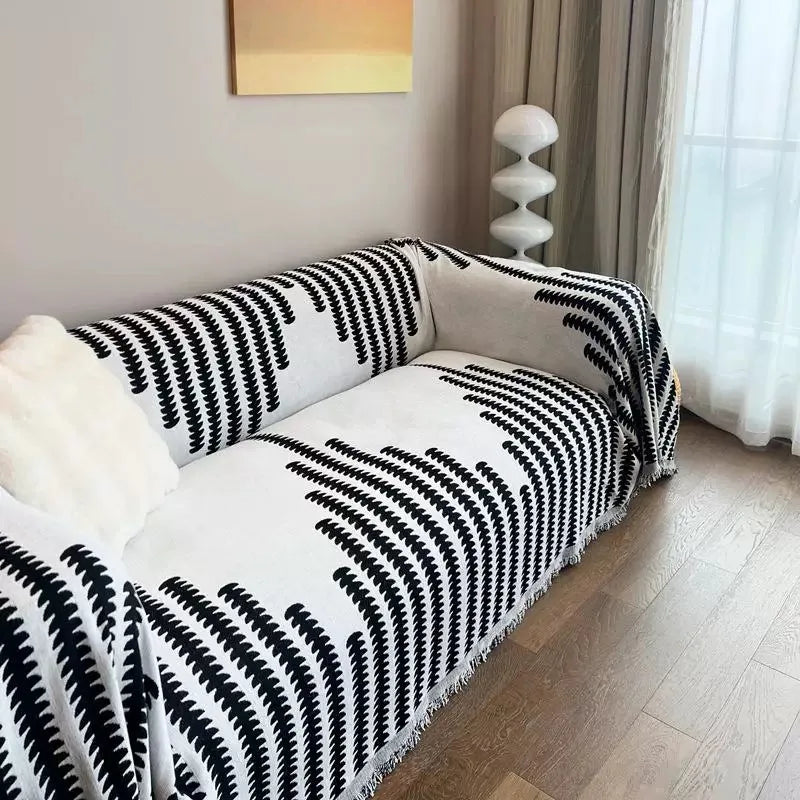 serviette canapé chenille jacquard motif feuilles noires blanc moderne opacité franges élégantes machine lavable
