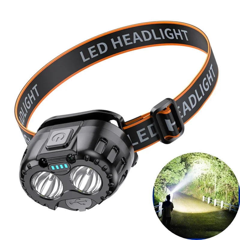lampe frontale led noire orange moderne ceinture ajustable intelligence onde affichage puissance imperméable camping