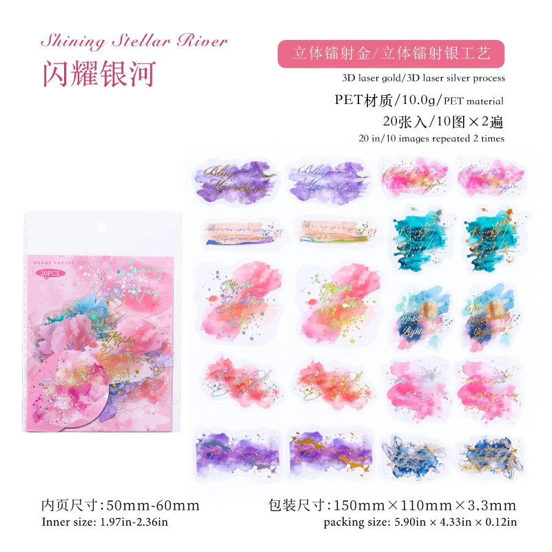 sticker floral abstrait adhésif bleu violet rose vert doré fleur étoile lune papillon