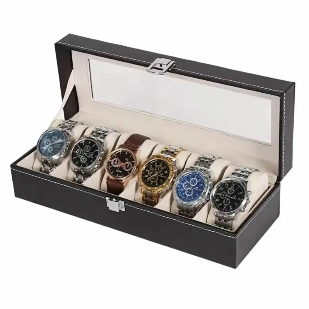 boîtes montres simili cuir noires classiques verrouillables coussinets amovibles compartiments multiples grandes vitres transparentes