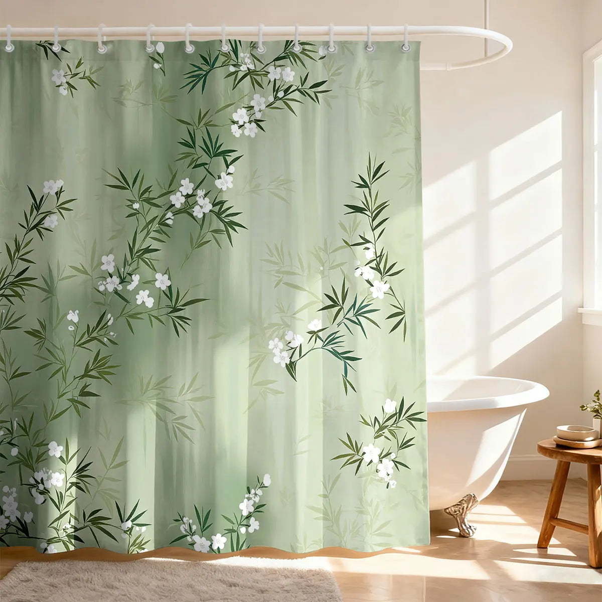 rideau douche moderne vert clair branches bambou fleurs opaques 120x180cm 150x180cm 180x180cm 90x180cm