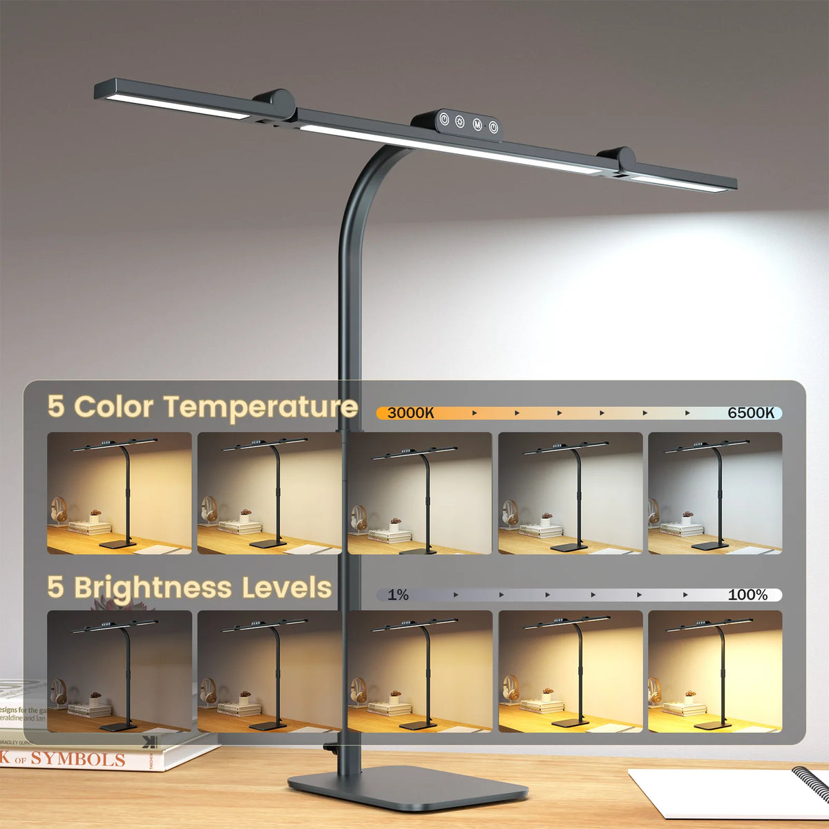 lampe moderne led noir flexible bras articulé interrupteur tactile flux lumineux réglable
