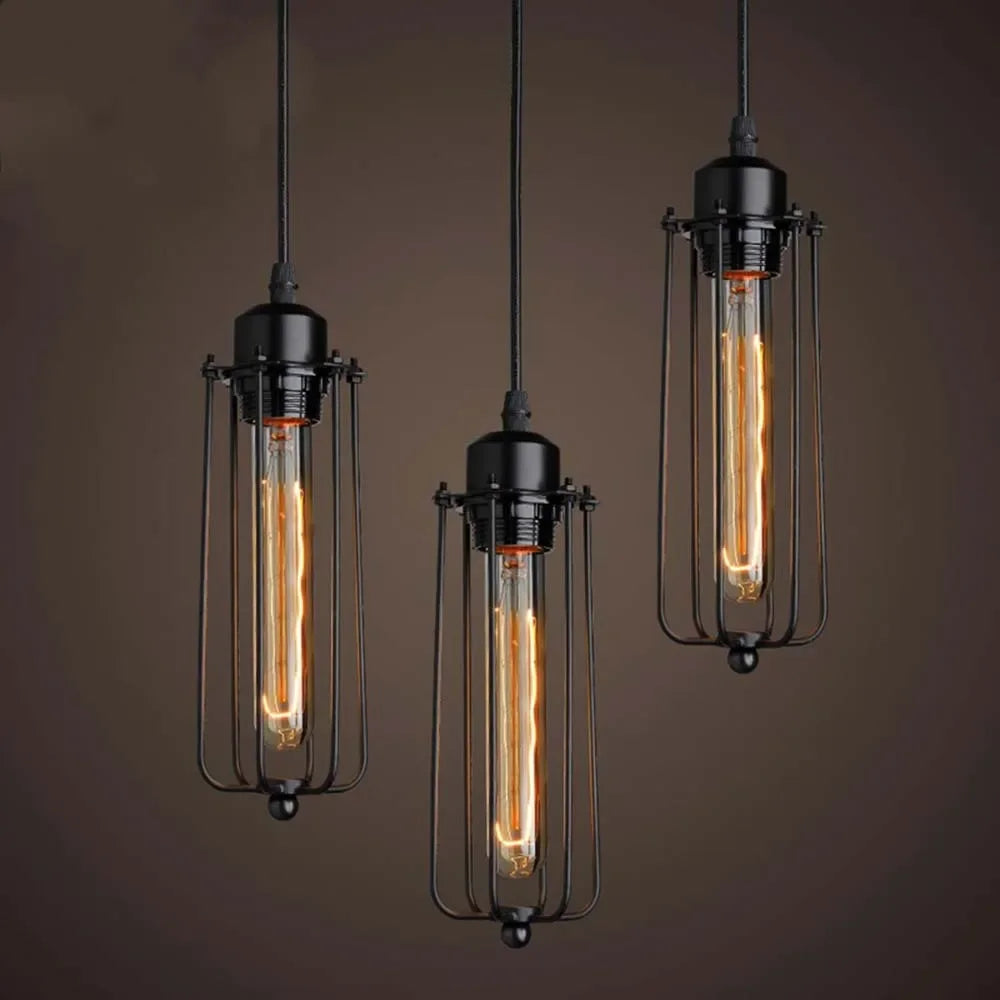 lampe suspendue industrielle vintage noir doré cage métallique ampoule filament transparent opaque