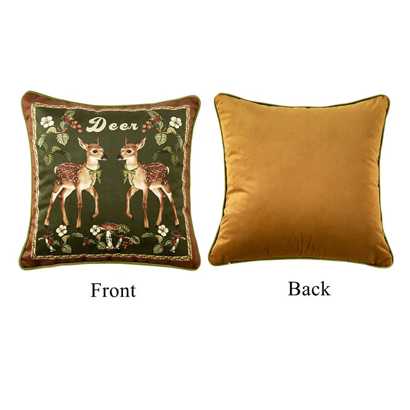housse velours cerf motif floral farmhouse deco verte marron beige carré 45cm
