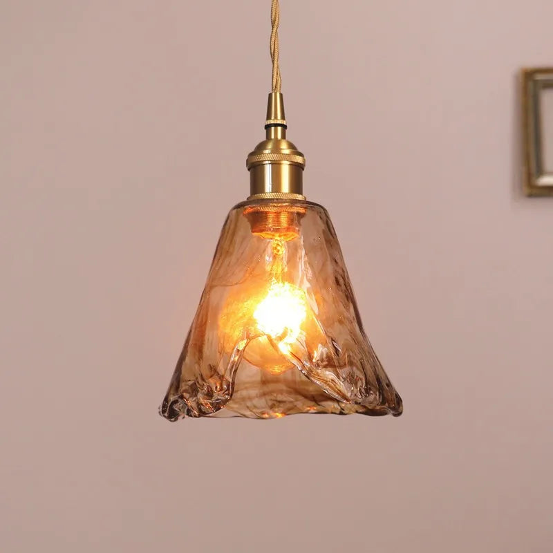 lampe suspendue vintage marron clair ondulée marbrée artisanale écrou suspension câble torsadé chambre salon