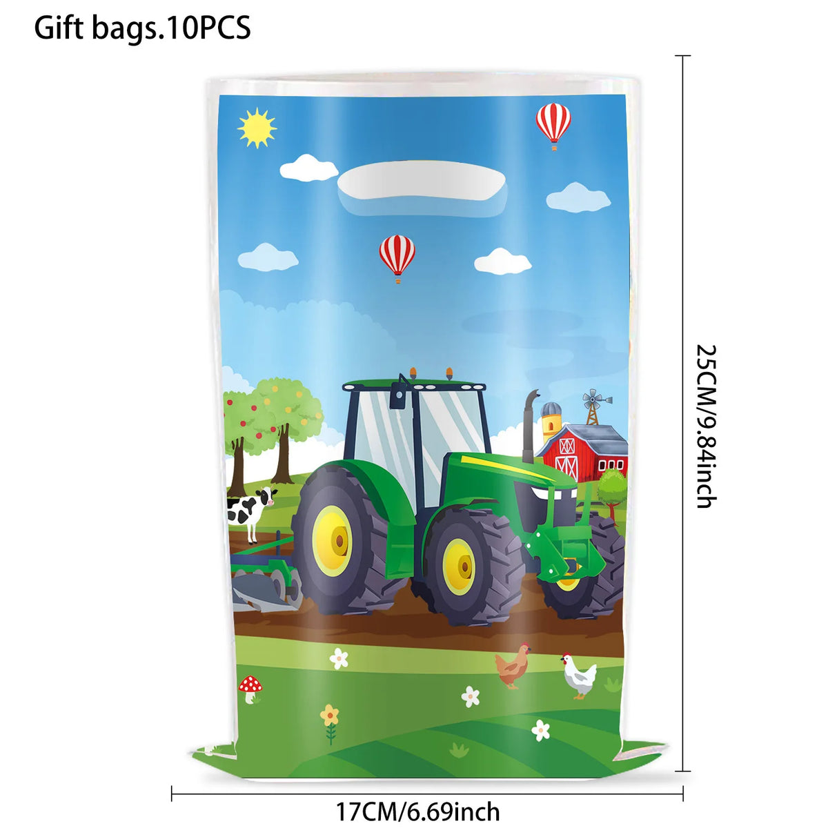 sac cadeau anniversaire paysage rural tracteur ferme animaux ballons illustration cartoon poignées blanches