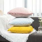 taies d'oreiller velours moderne gris jaune rose bleu blanc pompons non toxique polyester 45x45cm