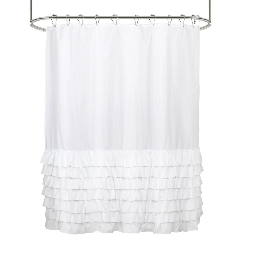 rideau douche blanc volants gris rose classique opacité anneaux métalliques respectueux environnement moderne