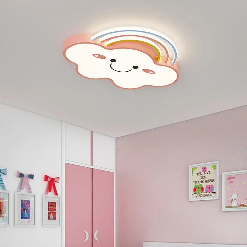 plafonnier moderne nuages souriants arc ciel blanc rose bleu led télécommande chambre enfants