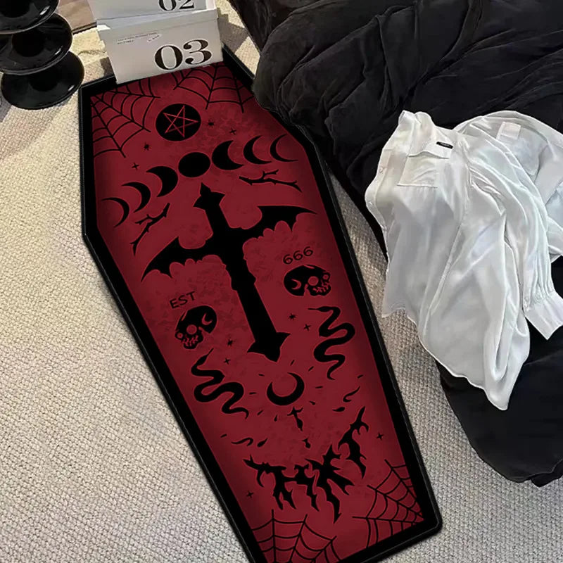 tapis gothique violet noir rouge blanc chauves souris crânes croix arbre moderne chambre coucher