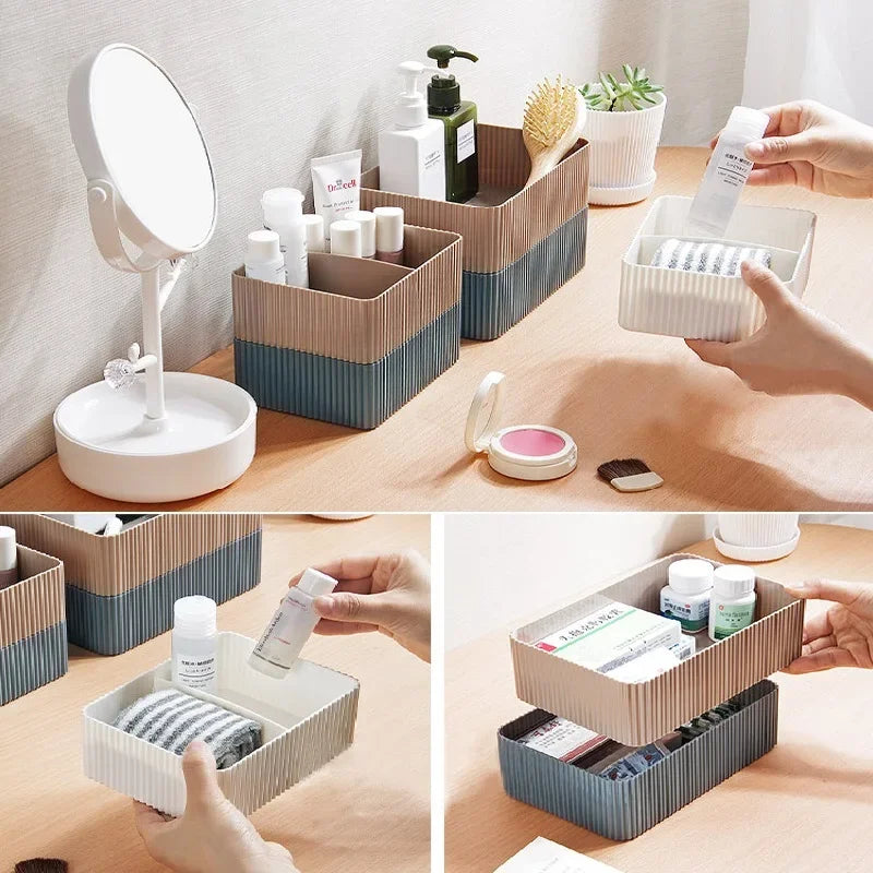 boîtes rangement gris blanc rayées modernes empilables 2l charge2kg cosmétiques lunettes ciseaux télécommande