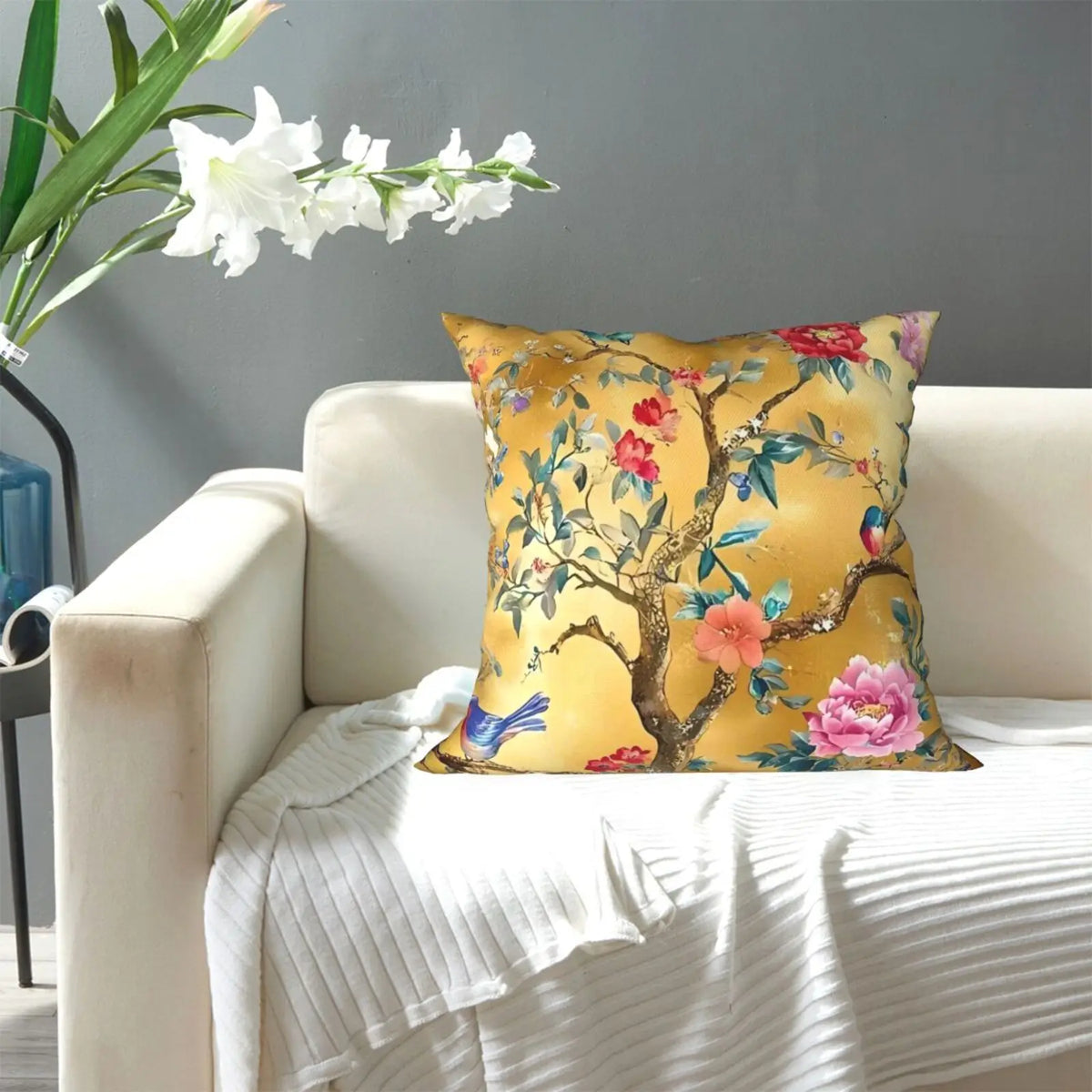 coussin pastoral fleuri oiseaux or rouge rose bleu vert polyester amovible lavable lit chambre