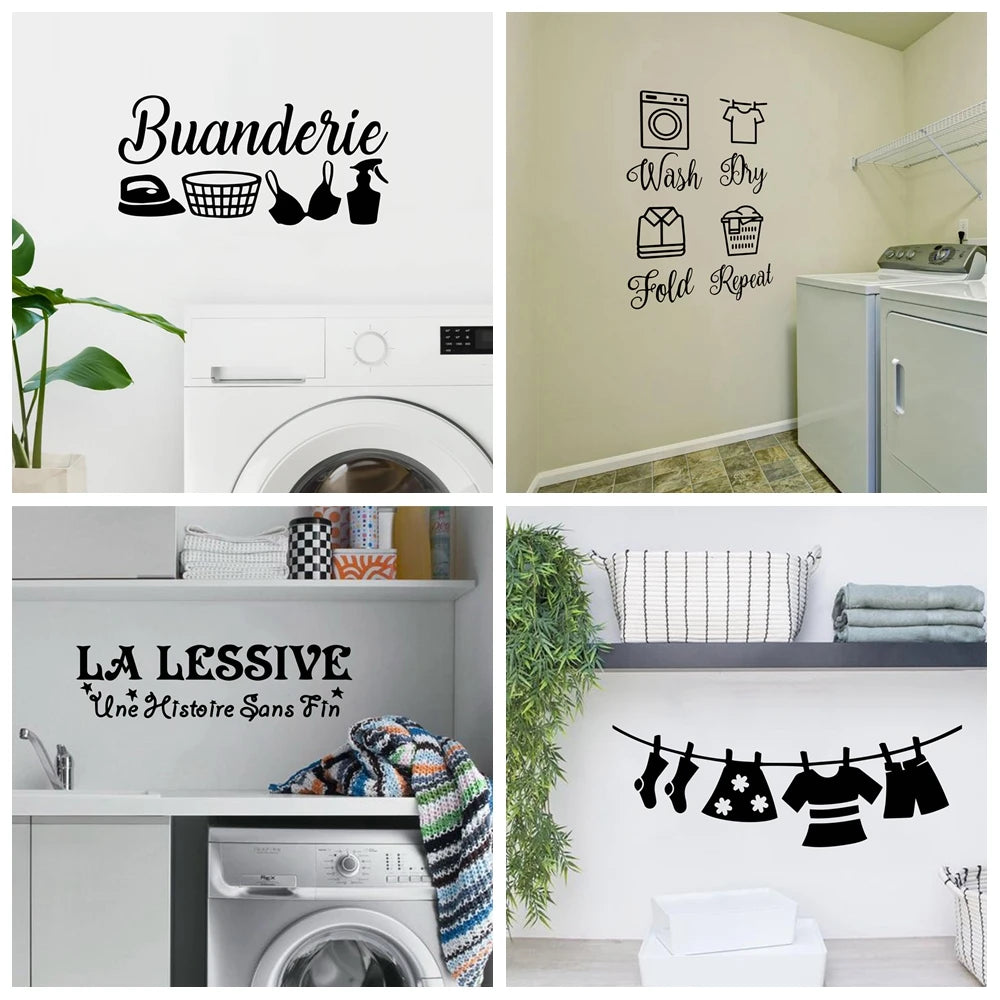 Stickers muraux vinyle décoration moderne serviettes fer lessive panier tapis chambre salon enfants