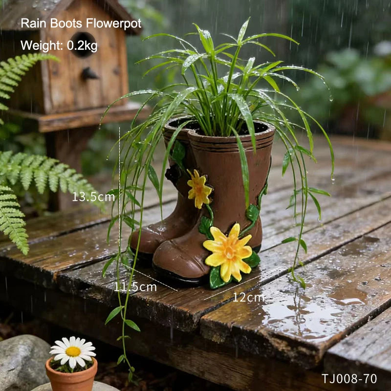 pots fleurs forme bottes pluie marron jaune vert relief rustique decoratif plantes verteextérieur