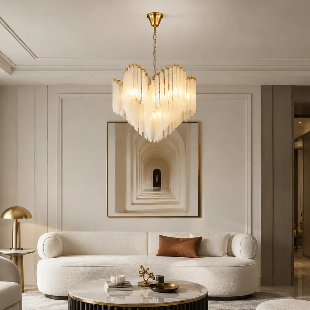 Suspension lumineuse moderne verre froissé blanc doré interrupteur tactile 120cm