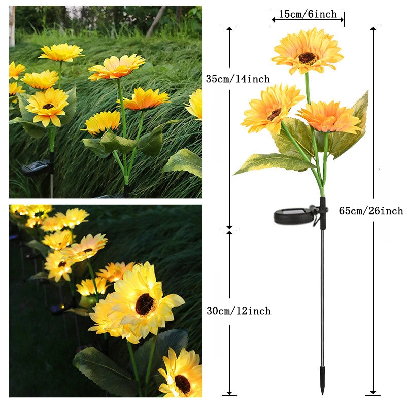 décoration extérieure moderne fleur artificielle jaune vert feuilles larges piquet métallique solaire led jardin