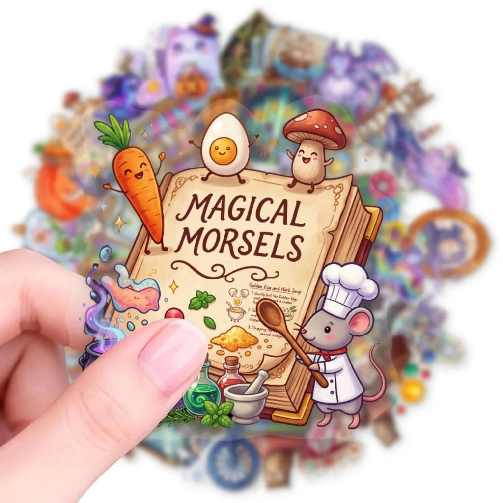 autocollants multicolores fantaisie cartoon animaux magiques objets enchantés livre souris carotte potion échantillon magique