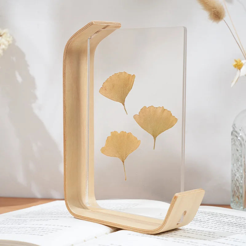 support livre transparent feuilles séchées fleurs séchées moderne minimaliste