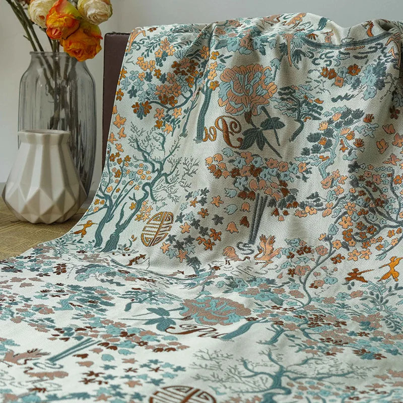 tissu imprimé floral beige bleu orange respectueux environnement classique vintage 148cm large