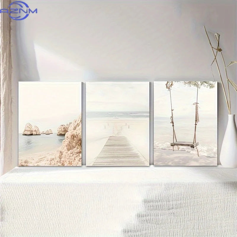 Tableaux toile paysage marin chemin balançoire plage beige moderne minimaliste decoration mur carré opaque