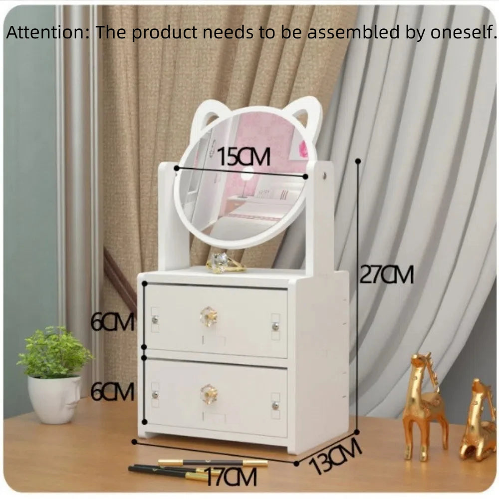meuble rangement blanc moderne tiroirs miroir rond compartiments cosmétiques
