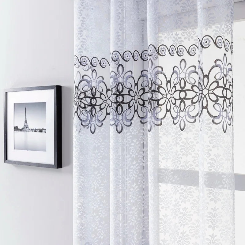 rideau blanc noir broderie florale transparent classique maison salon chambre decoration