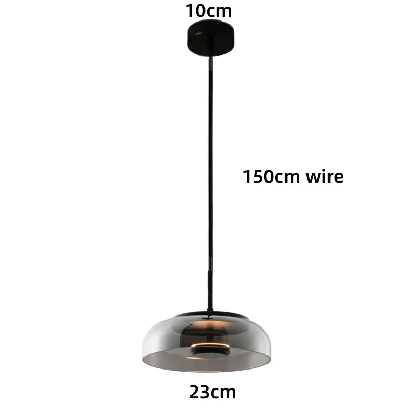 Lampes suspendues modernes transparent doré noir gris abatjour transparent rosace dorée câble suspension LED